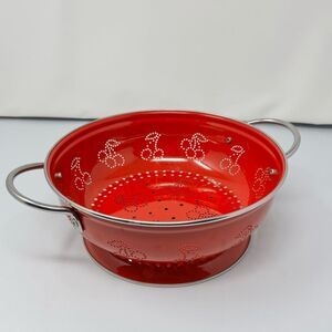 Red Enamel Colander Stainless Steel Strainer Cherry Design Holes Farmhouse